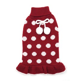 KYEESE Red Christmas Dog Sweaters Dress with Leash Hole Polka Dot Dog Sweater Knit Warm Doggie Sweaters with Pom Pom Ball for Fall Winter