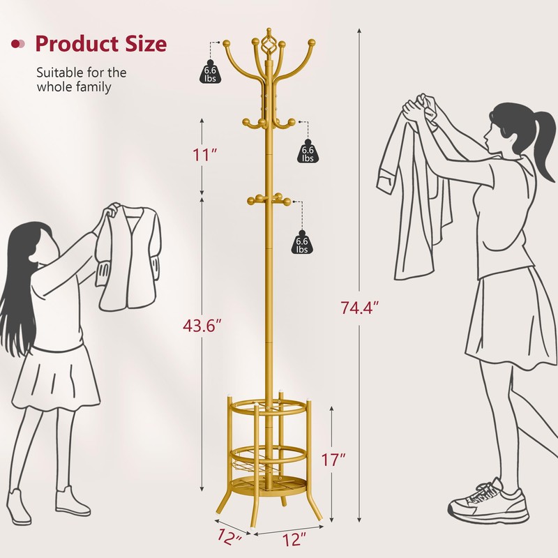 Tajsoon Coat Tree with Umbrella Holder, Coat Rack Freestanding, Coat