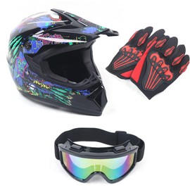 Youth Kids Safety Motocross Helmet ABS Breathable Unisex Youth Kids Helmet W/Goggles Gloves DOT Motocross ATV Dirt Bike Helmet Kit USA Stock (COLOR 1 L)