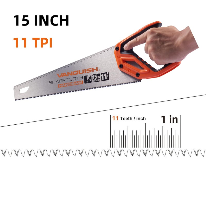 VANQUISH SharpTooth Handsaw 15 Inch 11-Point, Suitable for Cutting Boards,