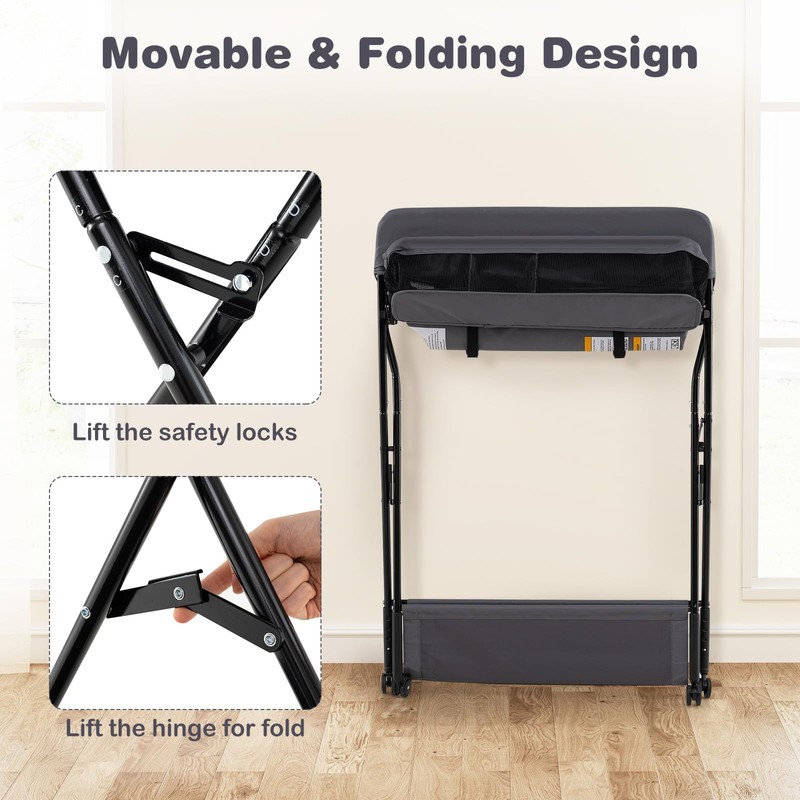 INFANS Baby Changing Table with Wheels, Portable Folding Diaper Station