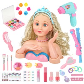 Hair Styling Doll Head Makeup Kit Girls Toys,Pretend Play Hair Salon Toy With Real Cosmetics Nail Polish,Hairdryer Curling Iron Hair Accessories Beauty Stylist Kit Girl Gifts 3 4 5 6+ Years Old