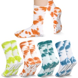 Jspupifip 4 Pairs Women Tie Dye Yoga Socks with Grips Non Slip Grip Crew Socks Colorful Grippy Socks for Pilates Barre Home, Blue, Orange, Green, Neon Green