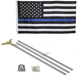 AES 3x5 USA Thin Blue Line Embroidered Nylon Flag Galvanized Pole Kit Eagle Top Fade Resistant Double Stitched Premium Penant House Banner Grommets