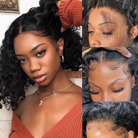 Espive 12Inch Deep Wave Bob Wig Human Hair 13x4 Frontal Lace Wig 220% Density Short Bob Wigs Human Hair for Black Women Natural Hairline Glueless Curly Bob Wig With Baby Hair Natural Black