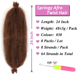 Samtress 24 Inch Springy Afro Kinky for Braiding Hair, 8 Packs Pre-Separated Spring Twist Crochet Braids Hair for Soft Locs Crochet Hair Brown Natural Afro Kinky Curly Marley Braiding Hair (#30)