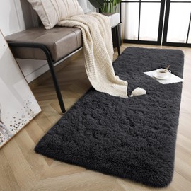 Oxford Homeware Rugs Living Room– Fluffy Black Area Rugs for Bedroom, Hallway Runner Rug 60 x 220 cm Anti Slip – Modern Super Soft Rug Washable Floor Carpets