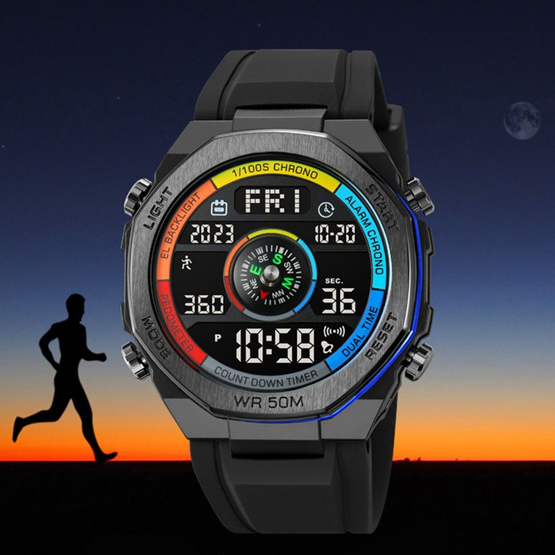 Outdoor Sports Electronic Watch Multifunctional Stylish Pedometer Compass Luminous Waterproof