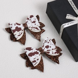 2 Pcs 3.5" Glitter Cow Print Hair Bows, Sparkly Brown Moo Cow Alligator Clips Hairpins for Western Cowgirl, Toddlers, Teens, Women, Kids Birthday Party Decor Accessory Gift