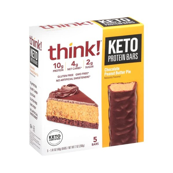 think! Keto Protein Bars, Healthy Low Carb, Low Sugar, Gluten Free Snack with No Artifical Sweeteners, 4G Net Carbs & 10G of Whey Protein - Chocolate Peanut Butter Pie (5 Count)