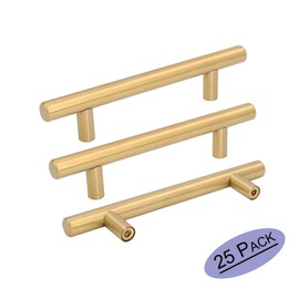 Goldenwarm 25pcs Brushed Brass Kitchen Cabinet Hardware Handle 1/2" Diameter T Bar Handles Furniture Gold Door Drawer Pulls Knobs Hole Spacing 102mm 4in,6-2/5Inch Overall Length