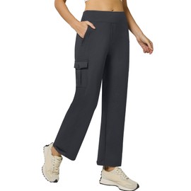 Casei Womens Cargo Pants, Wide Leg Yoga Pants High Waist Stretch Casual Pants with Pockets Business Travel Work Dark Gray L
