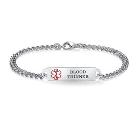 AOAMID 6.5"-8.5" Medical alert id bracelets for Women Stainless steel Medical Emergency Bracelets Free engraving blood thinner(Steel-7.5")