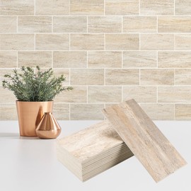 StyloVue 100 Pieces Peel and Stick Backsplash for Kitchen, 3" x 6" PVC Subway Tile Upgraded Grayish Beige with Gray Grout Backsplash Stick on Tile Elevate Kitchen, Bathroom, Fireplace,RV