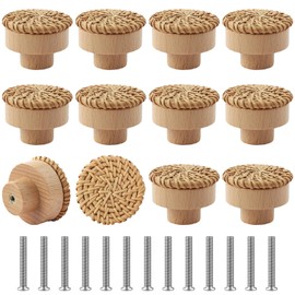 Aufee 12 Pack Boho Handmade Wooden Dresser Knobs Rattan Woven Drawer Knobs, Durable Beech Wood Drawer Pulls for Cabinet Decorative Knobs, Nursery Dresser with 24 Screws for Home Furniture (Burlywood)