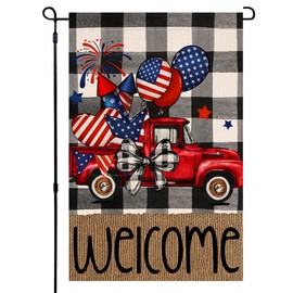 4TH Emotion 4th of July Welcome Garden Flag 12x18 Double Sided for Outside, Independence Day Patriotic Summer Truck Small Burlap Yard Flag for Outdoor Decorations