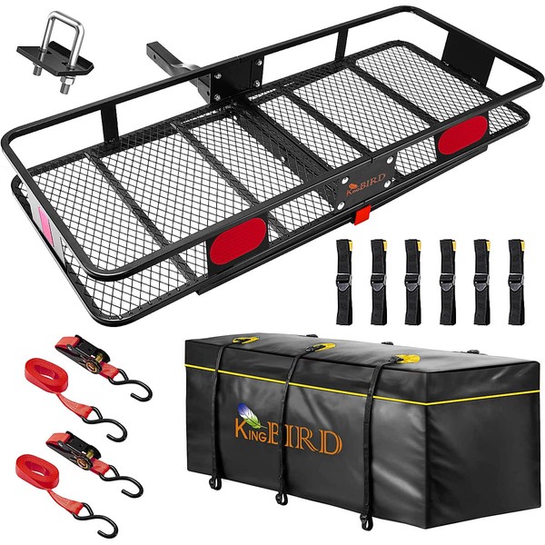 KING BIRD Folding Hitch Cargo Carrier 60x24x6 with 18 Cuft Waterproof Bag & Hitch Stabilizer& Ratchet Straps Fits to 2'' Receiver,550LBS Capacity Cargo Basket | Trailer Tow Hitch Cargo Carrier