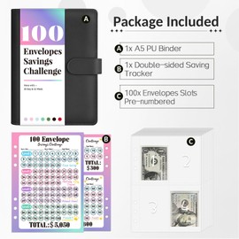 Sooez 100 Envelope Money Saving Challenge Book with 100 Pocket Pre-Numbered & Reusable Laminated Tracker, Money Saving Binder 100 Pocket Pre-Numbered,Money Book, Birthday Gifts