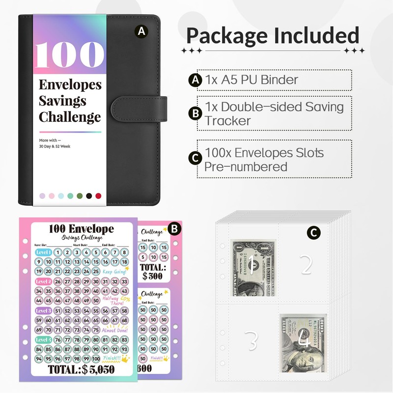 Sooez 100 Envelope Money Saving Challenge Book with 100 Pocket