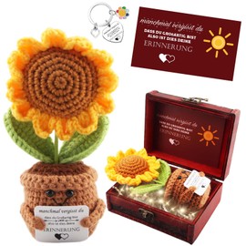 Thank You Gifts Small - Pocket Hug German Positive Knitted Multicoloured Sunflower with Keyring & Greeting Card in Vintage Treasure Chest - Lucky Charm for Friends Colleagues Parents (B)