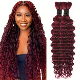 99J Burgundy Boho Hair for Braiding 14 Inch Human Braiding Hair for Boho Braids Human Curly Hair for Boho Knotless Braids 2 Bundles 100g Deep Wave Bulk Human Hair for Braiding (99J Burgundy, 14 Inch)