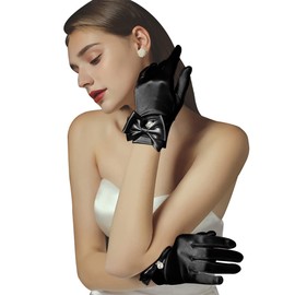 GRYUIRY Women's Fancy Wrist Length Satin Gloves Bow Pearl Short Satin Opera Tea Party Gloves White