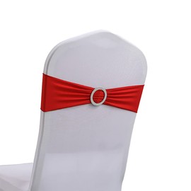 Anevous Pack of 5 Stretch Chair Bows, Chair Sashes with Buckle, Elegant Elastic Chair Sashes, Chair Band for Wedding Decoration, Banquet, Birthday Party, Hotel, Home Decoration, Red