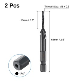 sourcing map 2pcs Combination Drill and Tap Bits Metric M3 x 0.5 Thread 1/4" Hex Shank Nitride Coated Threading Screw Taps 4341 High Speed Steel Machine Drilling Tapping Tool Kit