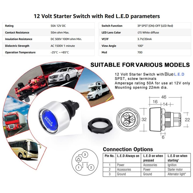 Gebildet 2pcs Universal SPST 12V-24V/50A Press Start Ignition Switch, LED