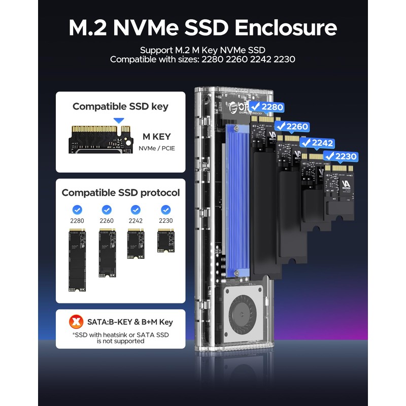 ORICO 40Gbps M.2 NVMe SSD Enclosure with Built-in Cooling Fan,
