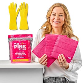 Kevagh The Pink Stuff The Miracle Microfibre Pad Collection 3 Pack & 1 Pair of Yellow Household Gloves – All-Purpose Cleaning Bundle