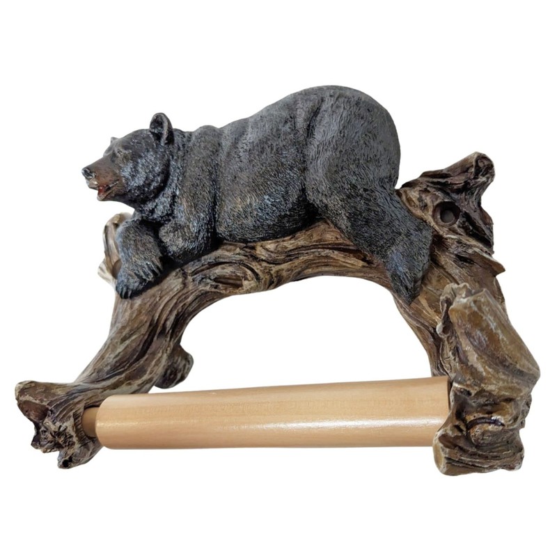 Rustic Cabin Style Black Bear on Log Toilet Paper Holder
