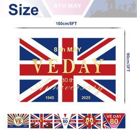 5ft VE Day 80th Anniversary Flag,VE Day Large Flag 80th Victory Flags 5 * 3FT,80 Years Victory In Europe Flags 80 Years VE-Flag Party Parades Celebration Decor Bunting Banner 2025 Gifts Memorabilia