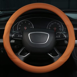 ALEMODR Cayenne Orange Leather Steering Wheel Cover Universal 15 inch