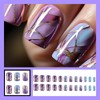 Purple Stripe Fake Nails Short Square Press on Nails Full