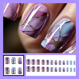 Purple Stripe Fake Nails Short Square Press on Nails Full Cover Glossy Acrylic Nails Glue on Nails Cute Stick on Nails for Women Girls 24Pcs