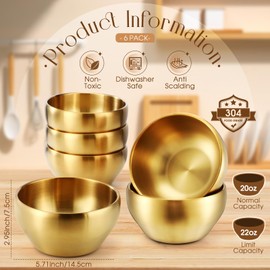 Lallisa 6 Pcs Gold Bowl 20 oz 304 Stainless Steel Gold Mixing Bowls Double Walled Insulated Gold Candy Dish for Rice, Dessert, Ice Cream, Pasta, Fruit, Salad, Soup, Cereal, Snack, Dishwasher Safe