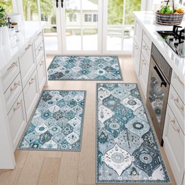 Falflor Washable Kitchen Rugs Sets of 3, Non Slip Kitchen Mats for Floor, Moroccan Trellis Pattern Kitchen Carpet Runner Rugs for Kitchen Floor Hallway Laundry Room