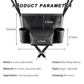 DXNQ Car Purse Holder Between Seats, Luxury Leather Front Seat Back Handbag Organizer with Tissue Box Cup Holders, Auto Large Capacity Multi Pocket Purse Holder Hanging Storage Bag (Black)