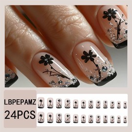 LBPEPAMZ 24Pcs Black Flower Press on Nails Short Square Fake Nails with 3D Rhinestones Designs Black French Tips Glitter Silver Acrylic Nails False Nails Full Cover Glossy Stick on Nails for Women