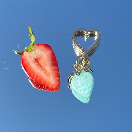 Beautiful Strawberry Heart Keychain Bag Charm - Color: Blue Cream, Metal: Gold