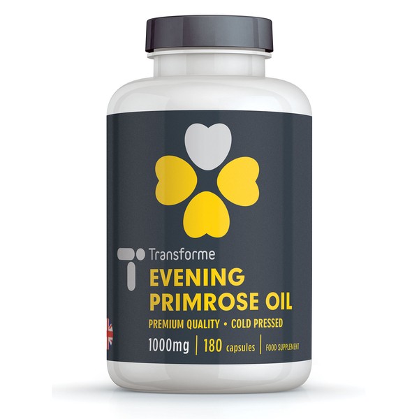 Transforme Evening Primrose Oil 1000mg, 180 Softgels, High Strength, Cold Pressed for Max Potency and Benefit, High in Omega 6 and Gamma Linolenic Acid GLA, Made in The UK