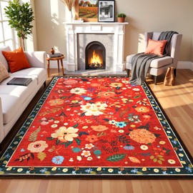 Terrug Floral Large Area Rug for Living Room, Washable 6x9 Red Christmas Rug Boho Ultra-Thin Carpet, Soft Non Slip Stain Resistant Vintage Rug for Bedroom, Dorm, Dining Room, Office