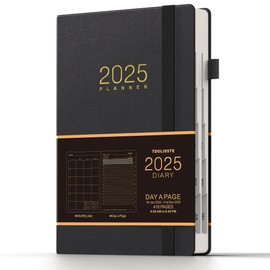 TDOLISSTE - Academic Diary 2025 Day to Page A5 Planner (365-page daily plan and 24-page monthly plan), Pen Loop and Inner Pocket, Elastic Closure, HardCover (Black)