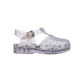 mini melissa Possession Shiny Jelly Sandal for Babies & Toddlers - The Iconic 90s Original Jelly Shoe, Fishermans Sandal with Adjustable Strap & Side Buckle, Glitter Clear, 8