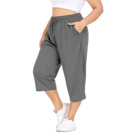 FOREYOND Plus Size Capri Pants for Women Loose Fit Yoga Pants with Pockets Workout Activewear Sweatpants Grey