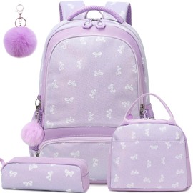Dafelile 3Pcs Bow Backpack for Girls Glitter Backpacks set Primary School Daypack Elementary Kids School Bookbag with Furball Pendant(Bow Tie Purple)