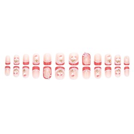 Press on Nails Medium Square Tulip Flower Pearl Crystal Butterfly False Nails with Design 24Pcs French Artificial Acrylic Nails Full Cover Glossy Reusable Coffin Fake Nails Glue on Nails for Women