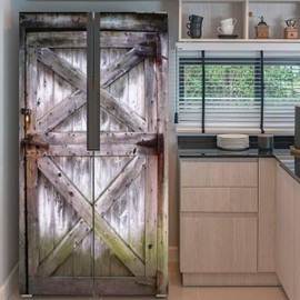 Self Adhesive Vinyl Refrigerator Wrap Set - Distressed Effect Rustic Dutch Door Mural - Removable Fridge Sticker - Peel and Stick Full Door Cover Decal - Rustic Kitchen Decor