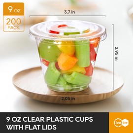 Turbo Bee 200 Pack 9 OZ Clear Plastic Cups with Flat Lids, Disposable Dessert Cups with Lids for Fruit, Snack Smoothie, Pudding and Ice Cream (No Hole)